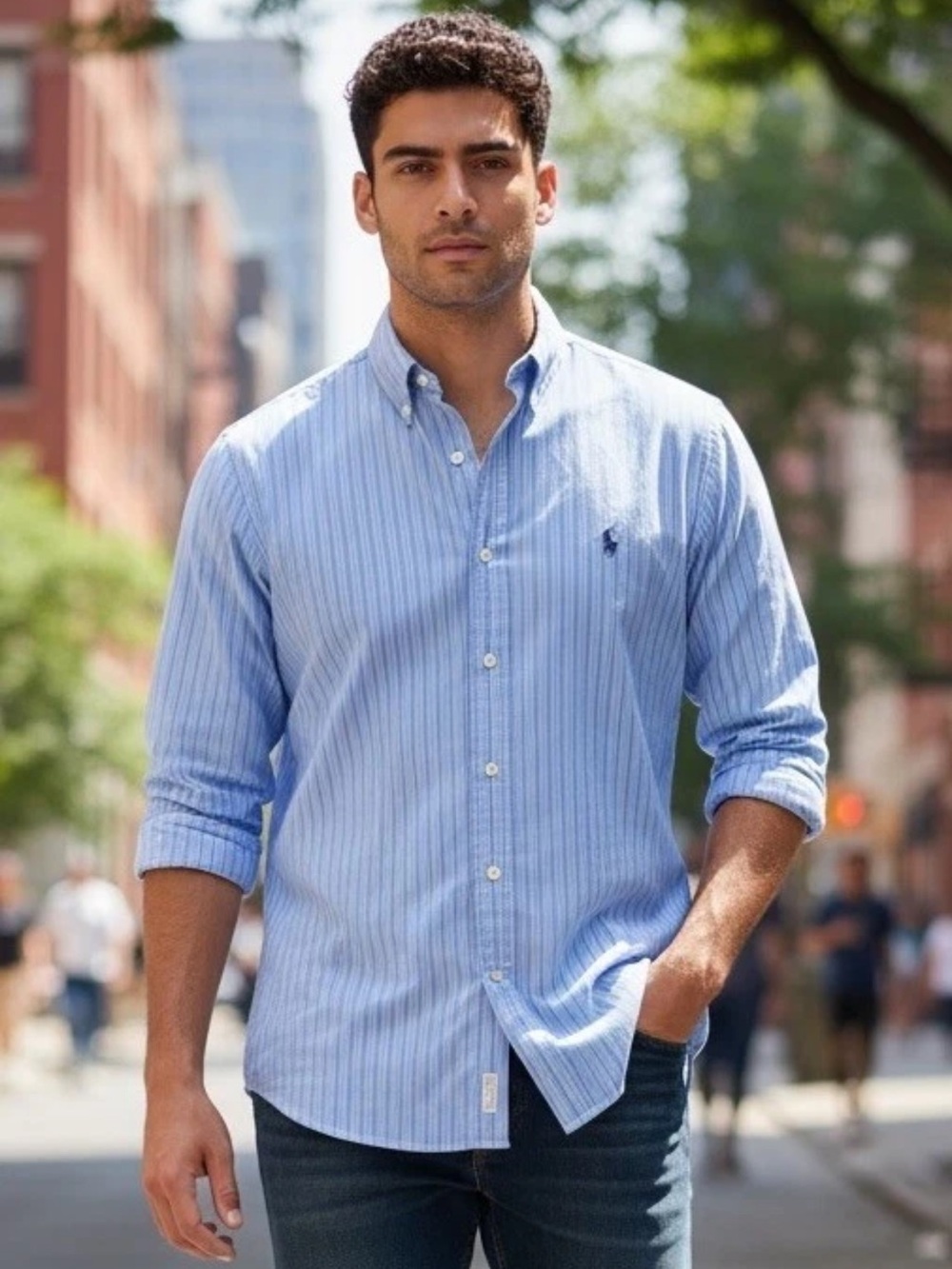 Ralph‎ Lauren Men's Light Blue Striped Button-Down Shirt XL